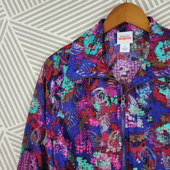 Ruby Rd Size 6 Mesh Jacket Tropical Zip Up Leaf Print Blue Pink Lightweight - Picture 3 of 8